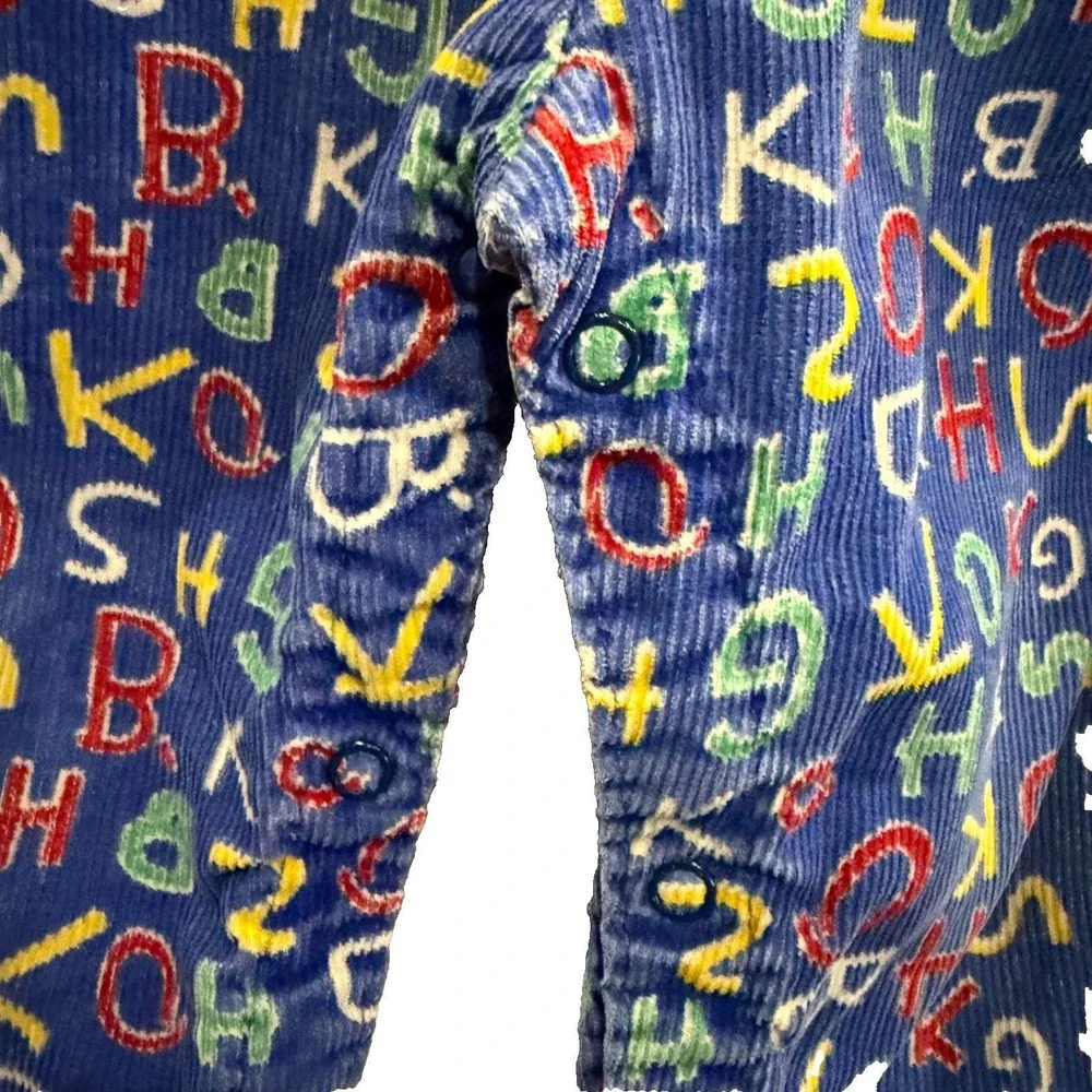 Vtg OshKosh B'gosh Blue Corduroy Alphabet Print Overalls Eyelet Lace 18 Mo USA‎